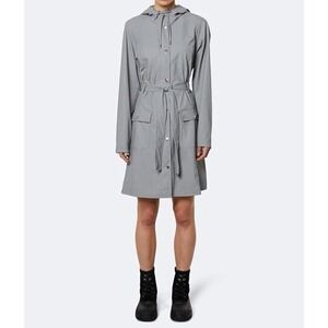 RAINS Women's Long Waterproof Jacket XS/S Gray Hooded Raincoat Minimalist Gorp